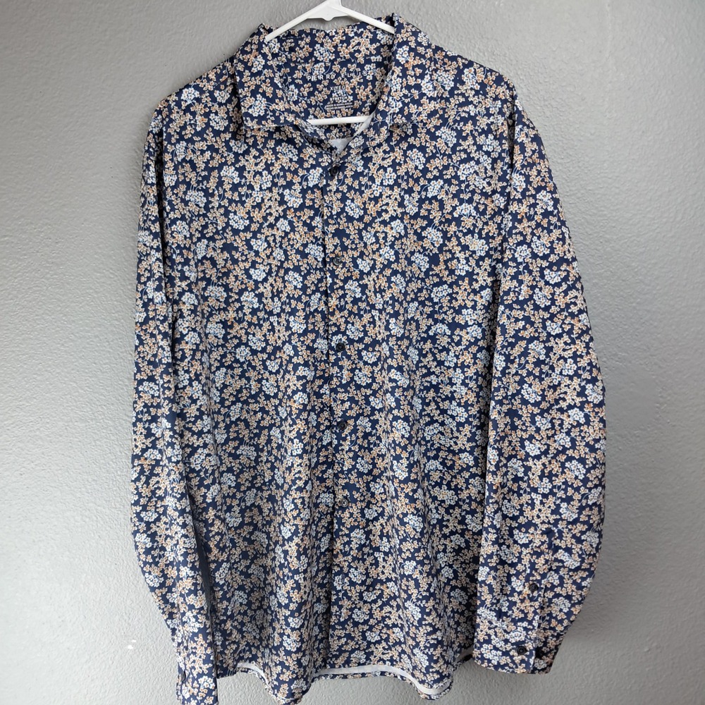 Perry Ellis Men's Blue Floral Stretch Button Down Shirt Long Sleeve